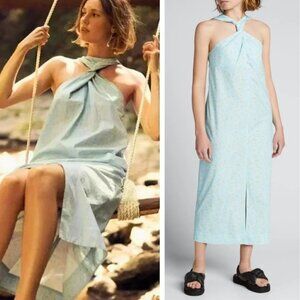 NWT Ganni Printed Cotton Poplin Dress in Floral Corydalis Blue